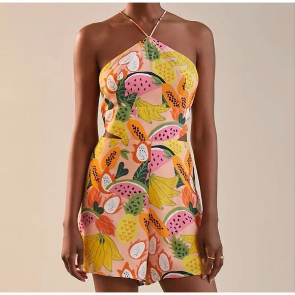 Hutch Pants - Anthropologie Hutch Mixed Fruit Cutout Halter Romper Tropical Print Size 2